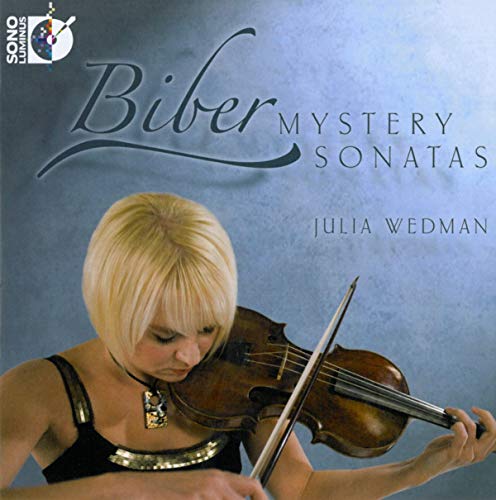 CD cover: violinist Julia Wedman playing, with “Biber Mystery Sonatas” text.