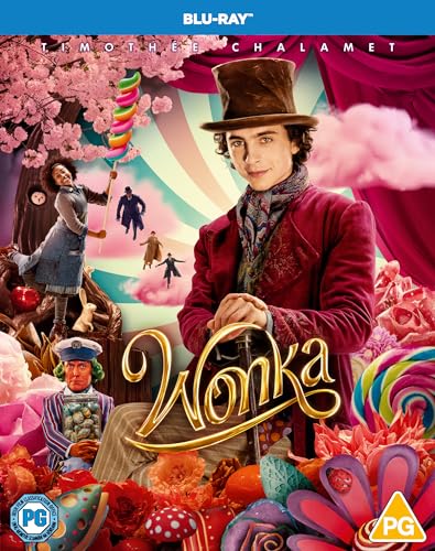 Wonka" Blu-ray cover featuring Timothée Chalamet as Willy Wonka in a colorful fantasy scene.