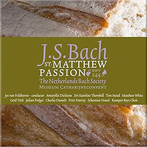 CD cover for J.S. Bach’s St. Matthew Passion, olive green band, marbled texture.