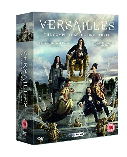 DVD box set cover of Versailles featuring cast members in period costumes by a fountain.