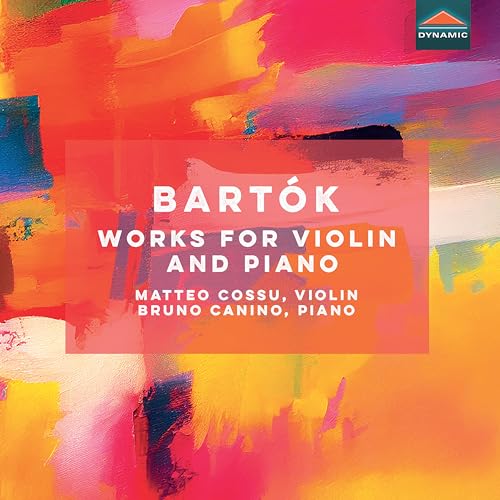 CD cover for Bartók’s violin and piano works, abstract colorful background.