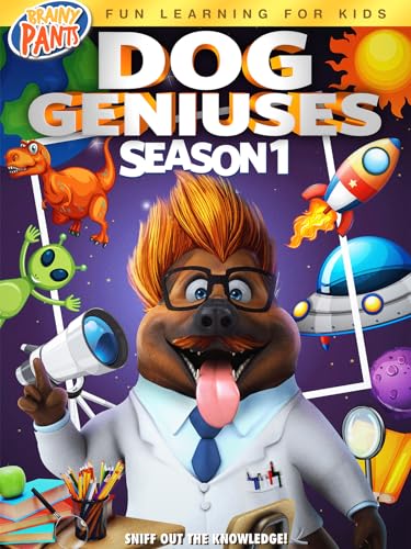 DVD cover for "Dog Geniuses Season 1" featuring a dog scientist.
