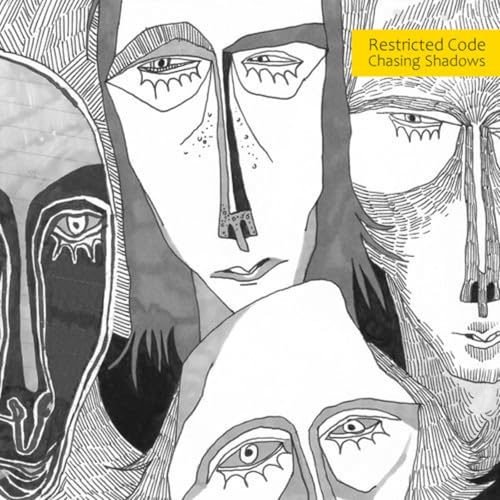 Black and white illustration of multiple stylized faces, CD cover.