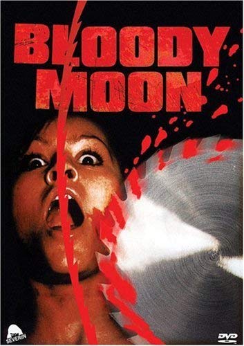 DVD cover for "Bloody Moon" featuring a terrified woman and red splatters.