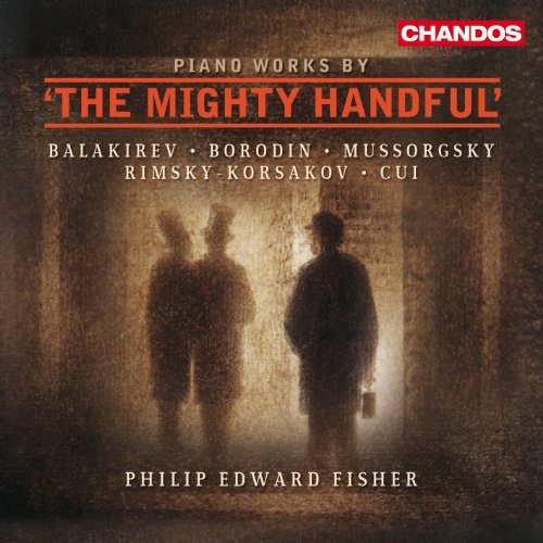 CD cover for piano works by Balakirev, Borodin, Mussorgsky, and others.