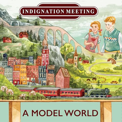 Painted illustration of a model railway landscape with children and buildings.