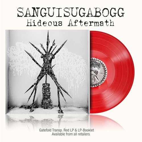 Sanguisugabogg album cover featuring a dark figure and red vinyl record.