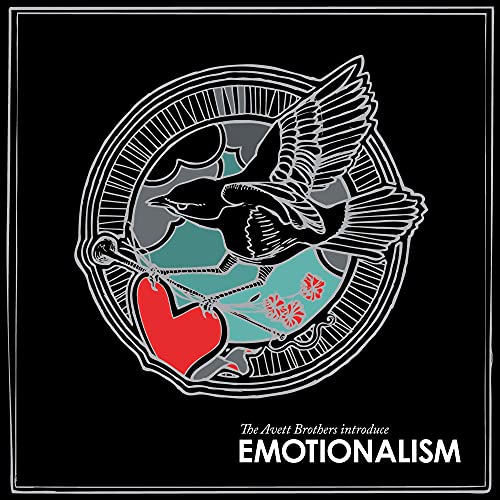 Avett Brothers’ “Emotionalism” album cover: bird carrying a heart on black.