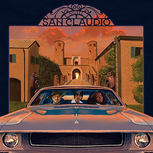 Album cover: car with three people, building, and sunset background.