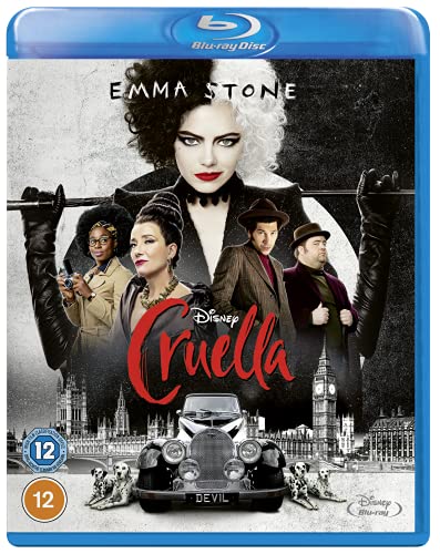 Cruella Blu-ray cover featuring Emma Stone and supporting cast with Dalmatians.