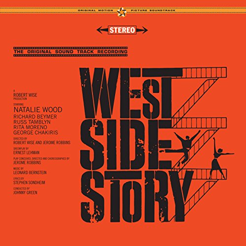 Orange album cover for "West Side Story" soundtrack with black text and figures.