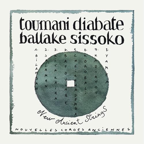 CD cover for Toumani Diabate’s “New Ancient Strings” with abstract art.