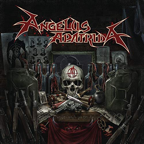 Album cover for Angelus Apatrida featuring a skull, weapons, and portraits.