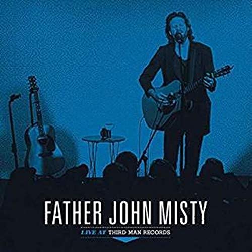 Father John Misty performing with guitar, record album cover art.