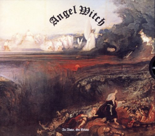 Angel Witch album cover: painting of angels and a fiery, chaotic landscape.