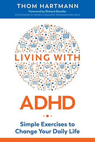Book cover: "Living with ADHD" with colorful brain-related icons.