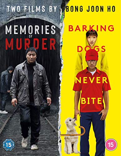 Blu-ray cover featuring two films by Bong Joon Ho: “Memories of Murder” and “Barking Dogs Never Bite”.