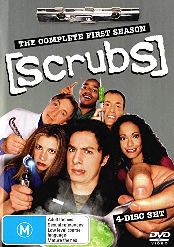 Scrubs" Season 1 DVD cover with cast photo and medical imagery.