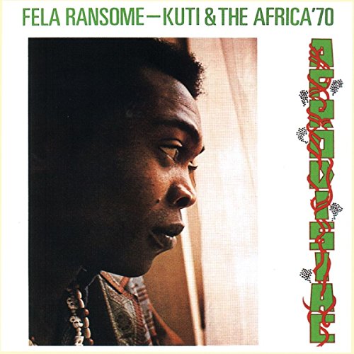 Fela Kuti's profile with short afro and beads on album cover with green text.