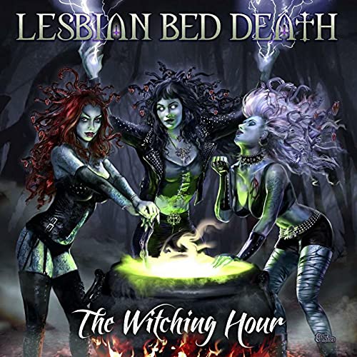 Three gothic women with colorful hair conjure over a glowing cauldron.