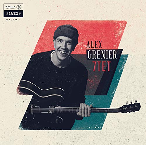 Album cover featuring a smiling guitarist, Alex Grenier, with geometric design.