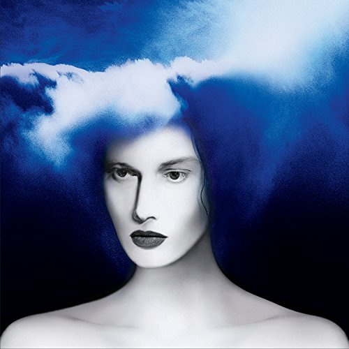 Surreal portrait of a person with blue cloud-like hair and dark lips.