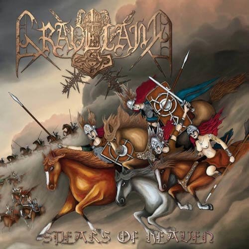 Viking warriors on horseback clash in battle, album cover art.