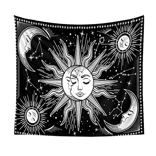 Black tapestry with white celestial designs of suns, moons, and stars.
