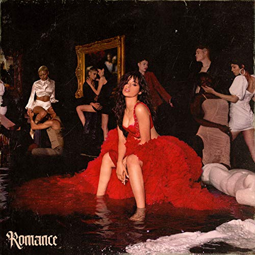 Camila Cabello album cover, “Romance,” featuring people in a dark, ornate room.