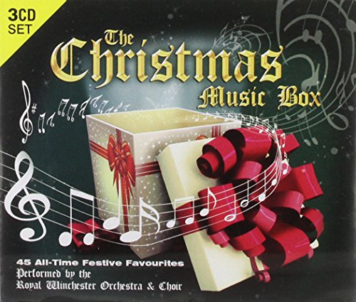 CD cover featuringC featuring a gift box, musical notes, and gold Christmas text.