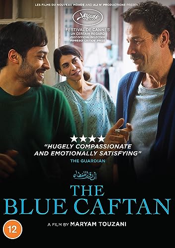 Movie poster for “The Blue Caftan” featuring three people smiling.
