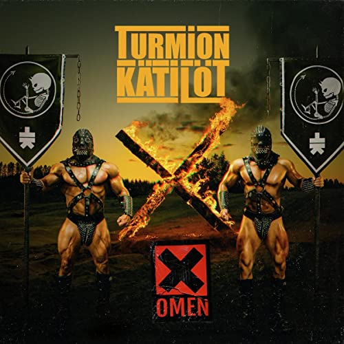 Album cover: two masked figures flanking a flaming “X” with banners.