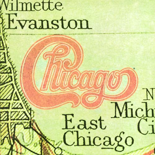 Close-up of the band Chicago’s logo in red and orange script.