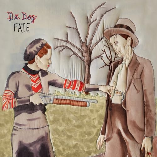 Painted album cover: woman with gun facing man in a suit.