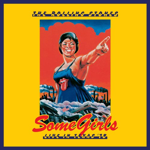 Album cover: woman in blue dress points, city skyline background, "Some Girls" text.