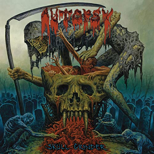 Horror album cover featuring a large skull, graveyard, and decaying figures.