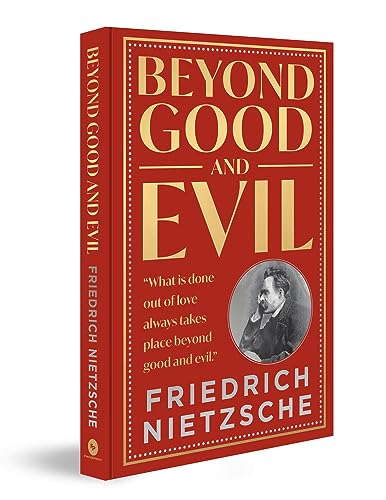 Red book cover, "Beyond Good and Evil" by Friedrich Nietzsche, with portrait.