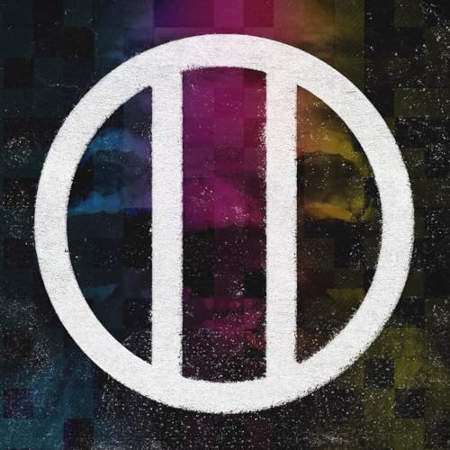 Vinyl record cover with abstract colorful squares and a white circle symbol.