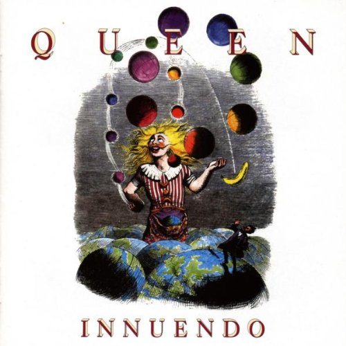 Queen’s “Innuendo” album cover: a clown juggling planets and a banana.