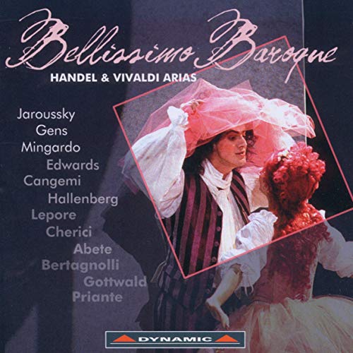 CD cover for "Bellissimo Baroque" featuring a Baroque-era performer.