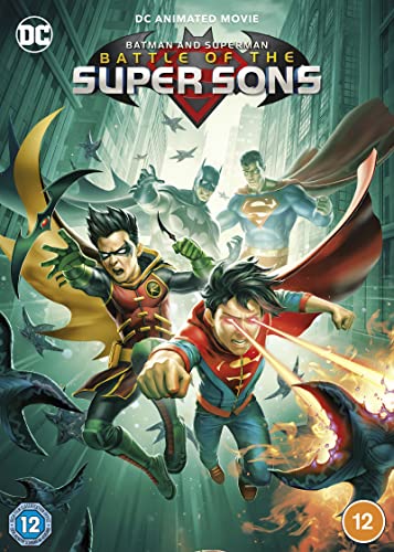 Robin and Superboy battle alongside Batman and Superman on this animated movie cover.