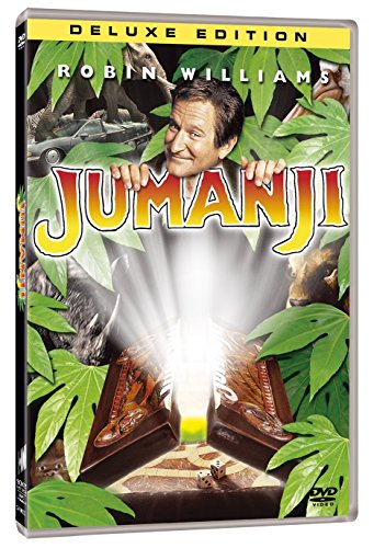 Jumanji DVD cover featuring Robin Williams, jungle imagery, and a game board.