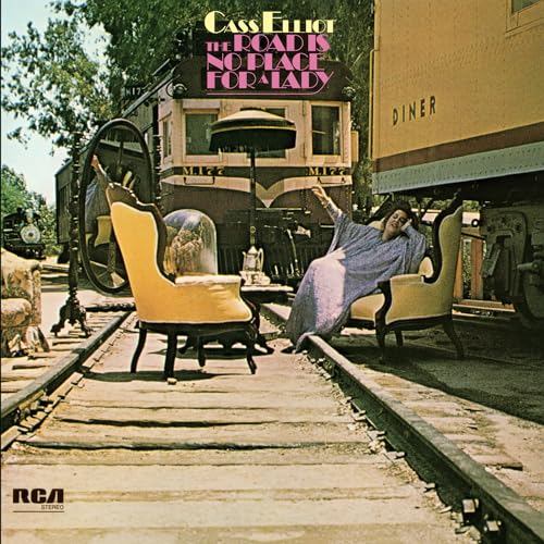 Cass Elliot album cover: woman reclining near a train and diner.