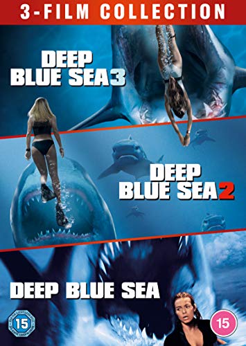 DVD cover for "Deep Blue Sea" 3-film collection featuring sharks and divers.