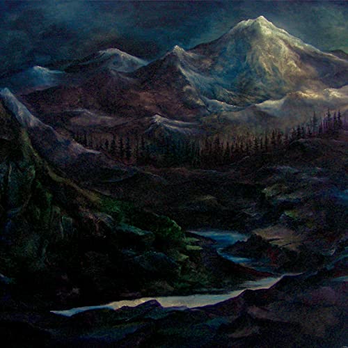 Painted landscape of snow-capped mountains, dark forests, and a winding river.