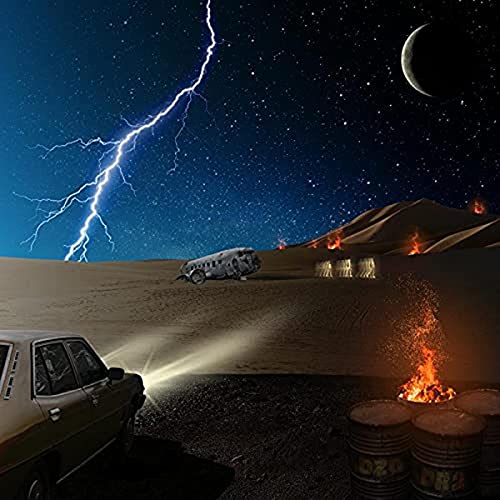 Night landscape with vehicles, lightning, drums, and a crescent moon.