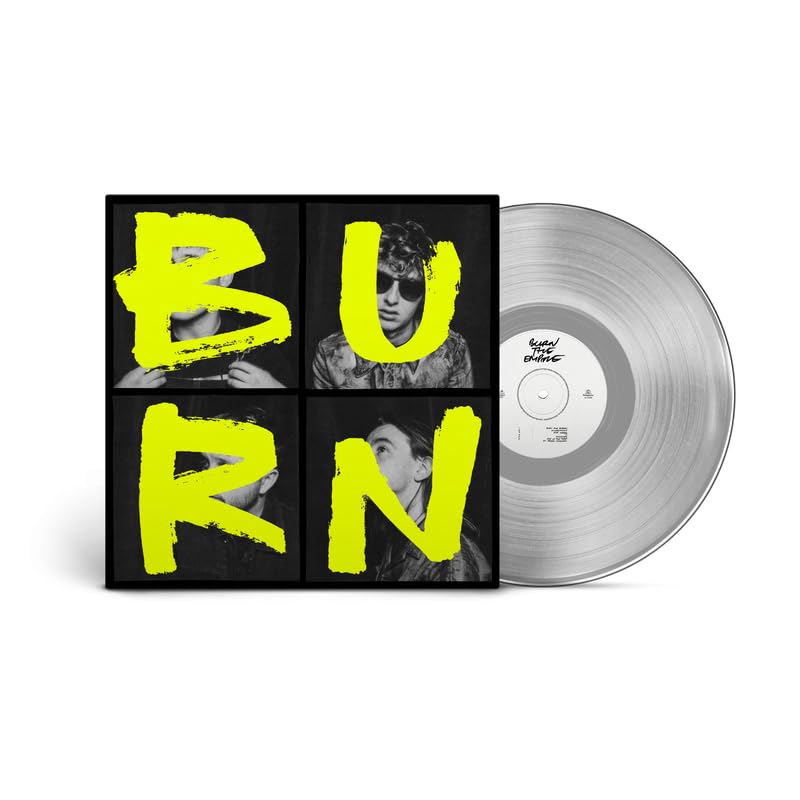 Clear vinyl record with yellow and black album cover reading "Burn".