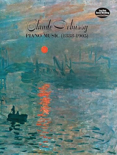 Sheet music cover: "Claude Debussy Piano Music" with impressionistic seascape.