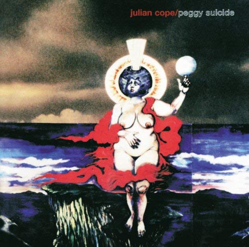 Album cover: woman with halo over stormy sea, red fabric flowing.