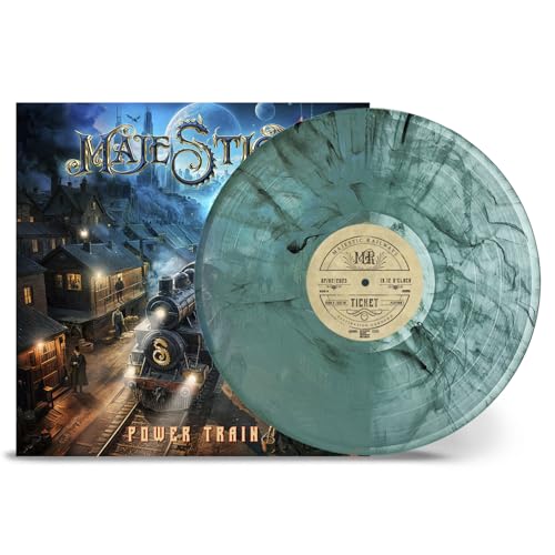 Majestica - Power Train" vinyl record with marbled teal coloring and train artwork.